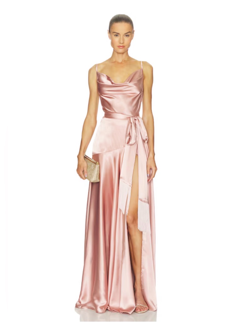 New Bronx Banco Leo Peach Maxi Dress, Satin Cowl Neck Pink Evening Gown